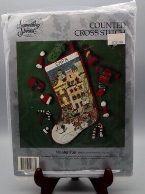 Vtg Candamar Cross Stitch Stocking Kit Winter Fun Christmas Cat Village 50663